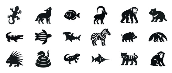 Collection of various animal silhouettes: reptiles, mammals, fish, birds, amphibians. Black solid icons