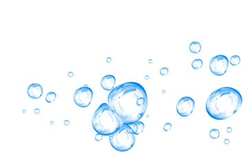 Blue soap bubbles, liquid sphere, foam freshness, underwater floating, vibrant dew, abstract shine, washing concept.