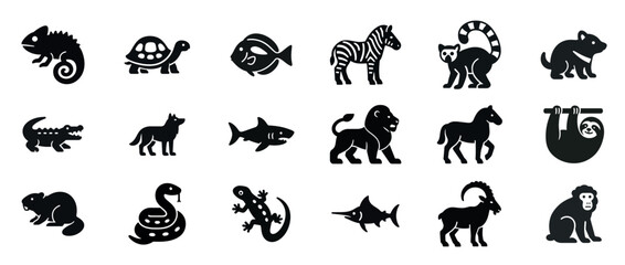 Naklejka premium Collection of various animal silhouettes: reptiles, mammals, fish, birds, amphibians. Black solid icons