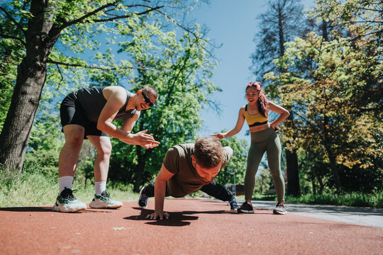 Group of friends motivate each other during an exercise session in a scenic park setting. The sunny atmosphere and teamwork represent healthy lifestyle, support, and community camaraderie. - Powered by Adobe