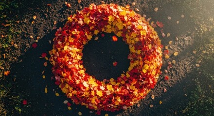 A circular wreath made of autumn leaves on a dark, possibly asphalt surface.