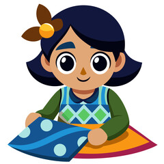 Fototapeta premium Cute cartoon girl holding a patterned blue blanket