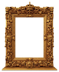 3d illustration of antique gold picture frame with ornate details and crown isolated on transparent background