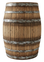 3d illustration of wooden barrel with metal hoops, used for storing wine or other liquids isolated on transparent background