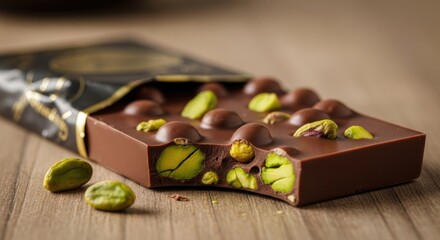 A chocolate bar with pistachios on a wooden table.