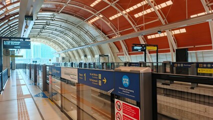 Jakarta, Indonesia &ndash; October 5, 2025: View of LRT Station Kuningan Jakarta tunnel construction arch steel and railway from platform.
