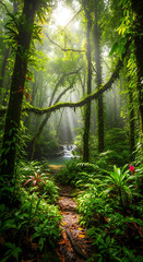Sunbeams Pierce Through Misty Rainforest Canopy, Illuminating a Serene Waterfall