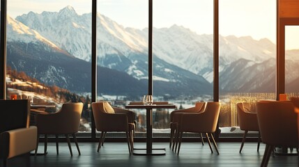 Modern Restaurant Interior with Scenic Mountain View at Sunset