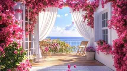 Fototapeta premium Serene Coastal Balcony Framed by Pink Blooms and Breathtaking View
