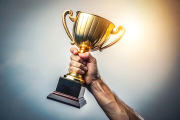 Close up of a muscular arm holding a golden trophy high in the air celebrating victory and achievement