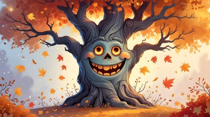 Whimsical halloween tree character with a spooky grin and falling autumn leaves