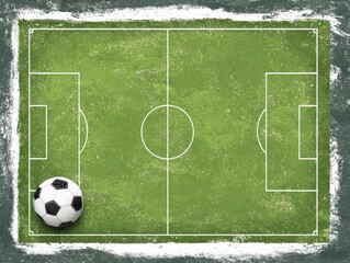 Obraz premium A textured, green soccer field with white lines, a center circle, penalty boxes, and a classic black and white soccer ball rests on the bottom left. The field is framed by a dark gray border