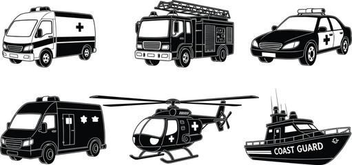 Black and white emergency vehicle vector illustration, ambulance, fire truck, police car, SWAT van, rescue helicopter, coast guard boat clipart