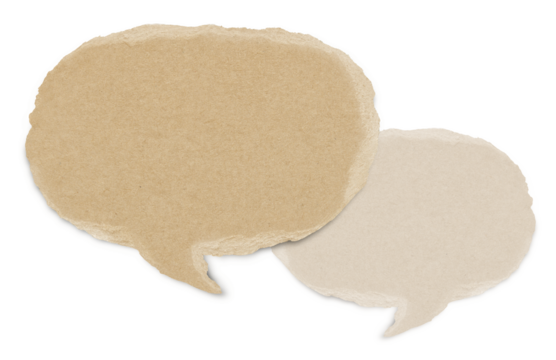 Brown paper two bubbles. Blank brown cut out cardboard paper speech bubble. Png transparency	