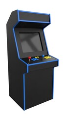 Black arcade cabinet with blue trim isolated on a white background, retro arcade game