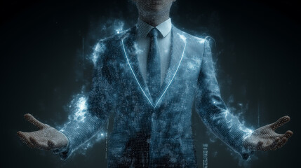 Entrepreneur surrounded by AI holograms and data streams