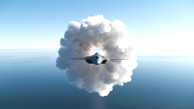 A futuristic stealth fighter jet breaking the sound barrier with a vapor cone shockwave over the ocean