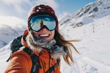 A smiling woman enjoying skiing on a sunlit snowy mountain while wearing a bright orange jacket and ski goggles