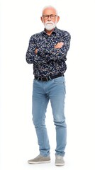 Fototapeta premium A stylish elderly man stands confidently with crossed arms, showcasing his floral shirt and relaxed jeans, exuding charm and wisdom, perfect for various lifestyle settings.