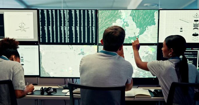 Computer, screen and people with satellite, data and broadcast for news research. Discussion, ecology and weather team with forecast for media report, meteorology update and climate change map study