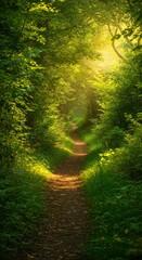 Fototapeta premium Sunlit Forest Path Through Lush Greenery in Summer Landscape