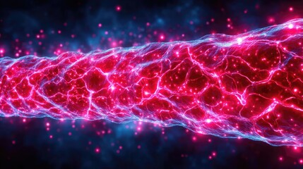 Fototapeta premium Blood clot blocking red blood cells stream in artery concept. Abstract depiction of vibrant energy patterns and electric flow.