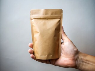 Hand holding a blank brown paper stand up pouch with a resealable zipper closure for packaging products