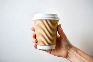 Hand holding a disposable corrugated cardboard coffee cup with a white lid against a light background