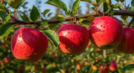 Red apples on a tree branch with water droplets, set against a clear sky.