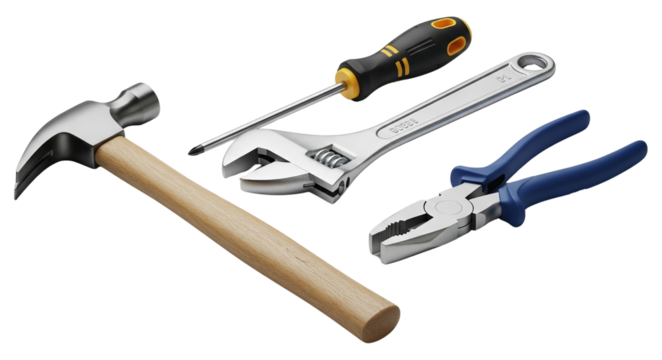 3d illustration of hand tools isolated on transparent background, including hammer, adjustable wrench, pliers, and screwdriver