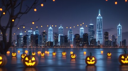 Glowing jack o lanterns illuminate a city skyline at night