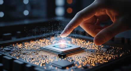 A hand touching a computer chip with a glowing light on it.