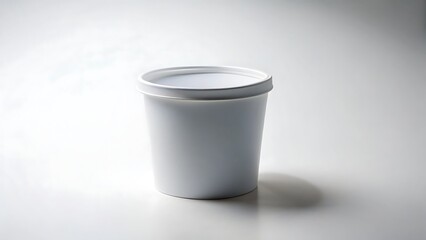 A plain white cylindrical container with a lid sits on a light gray surface with soft shadows