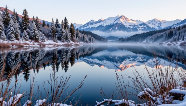 Serene winter lake reflects snow-capped mountains alpine landscape tranquil environment dawn viewpoint nature photography - Powered by Adobe