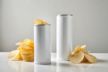 Two blank white potato chip canisters with crispy potato chips scattered around them on a white surface