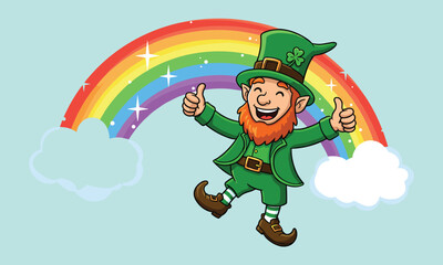 Happy leprechaun cartoon character with rainbow and clouds celebrating Saint Patrick’s Day in cheerful colorful vector illustration for festive design