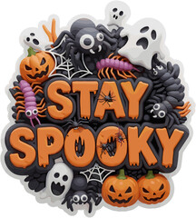 Playful Stay Spooky Halloween text with cute pumpkins ghosts and spiders