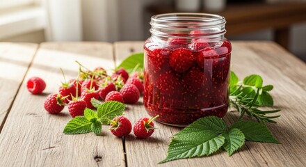 A jar of raspberry jam on a wooden table with fresh raspberries scattered around.