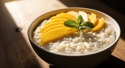 A bowl of creamy rice pudding topped with sliced mangoes and a sprig of mint on a wooden table with sunlight streaming through.