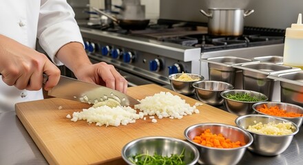 Professional chef meticulously chops fresh onions on a wooden board, preparing ingredients in a bustling commercial kitchen with stainless steel surfaces
