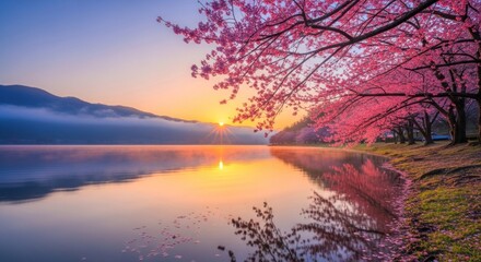A serene lake at sunset with cherry blossom trees on the shore.