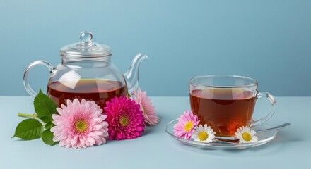 A teapot and a cup of tea with flowers on a blue background.