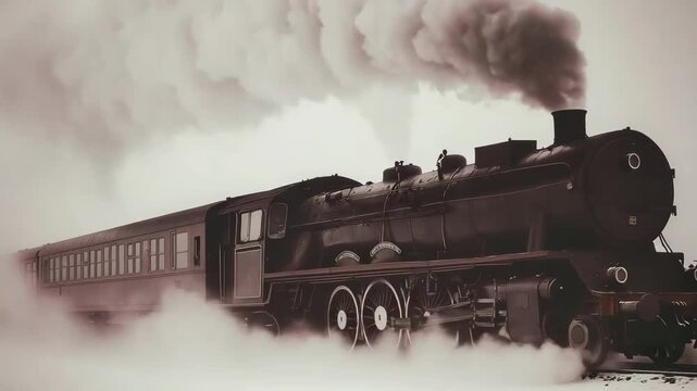 Steam train chugs through snowy landscape in winter