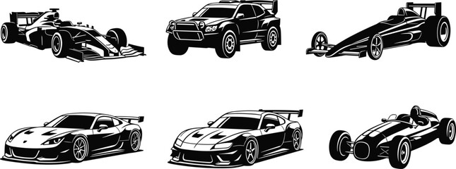 Obraz premium Black and white race car vector illustration, formula one, rally car, dragster, sports car, vintage formula racer, classic automobile clipart