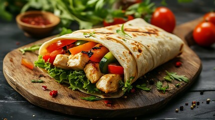 Pita bread lavash roll chicken kebab and fresh vegetables