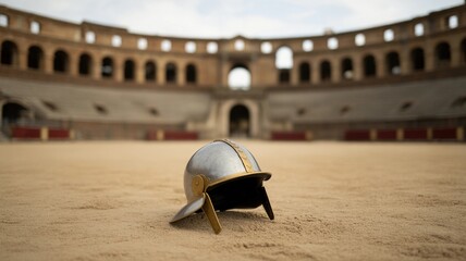 Roman helmet on sandy ground in amphitheater
