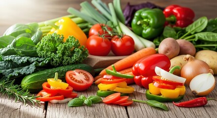Vibrant fresh vegetables artfully arranged on rustic wood, showcasing healthy ingredients for culinary inspiration and wholesome living.
