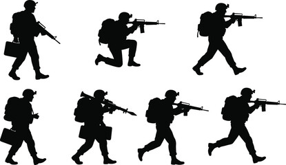 Silhouette soldiers with rifles, military combat poses, armed forces teamwork, battlefield action, tactical stances, army patrol, defense illustration, war concept, security, weapon training