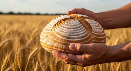 Hands holding a round, baked bread in a wheat field.