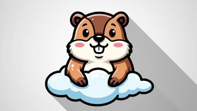Cheerful cartoon rodent character resting on a fluffy cloud